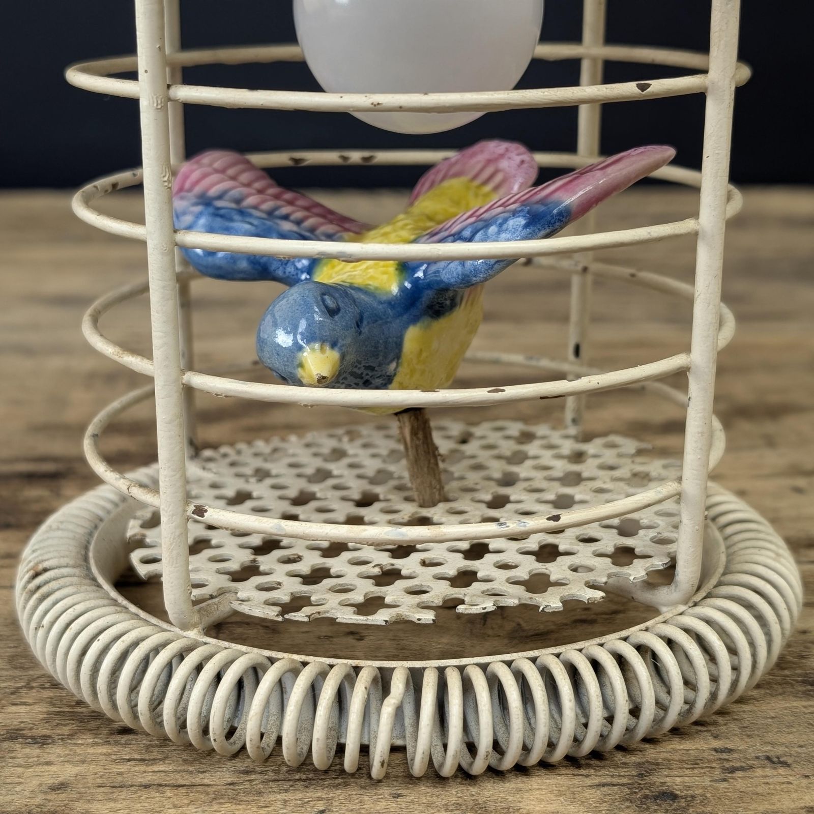 1950s Birdcage Lamp Ceramic Bird, Mid Century Wire Table Light, Hanging Retro Lantern, Eclectic Nursery Decor, Pottery Avian Nightlight photo for sale