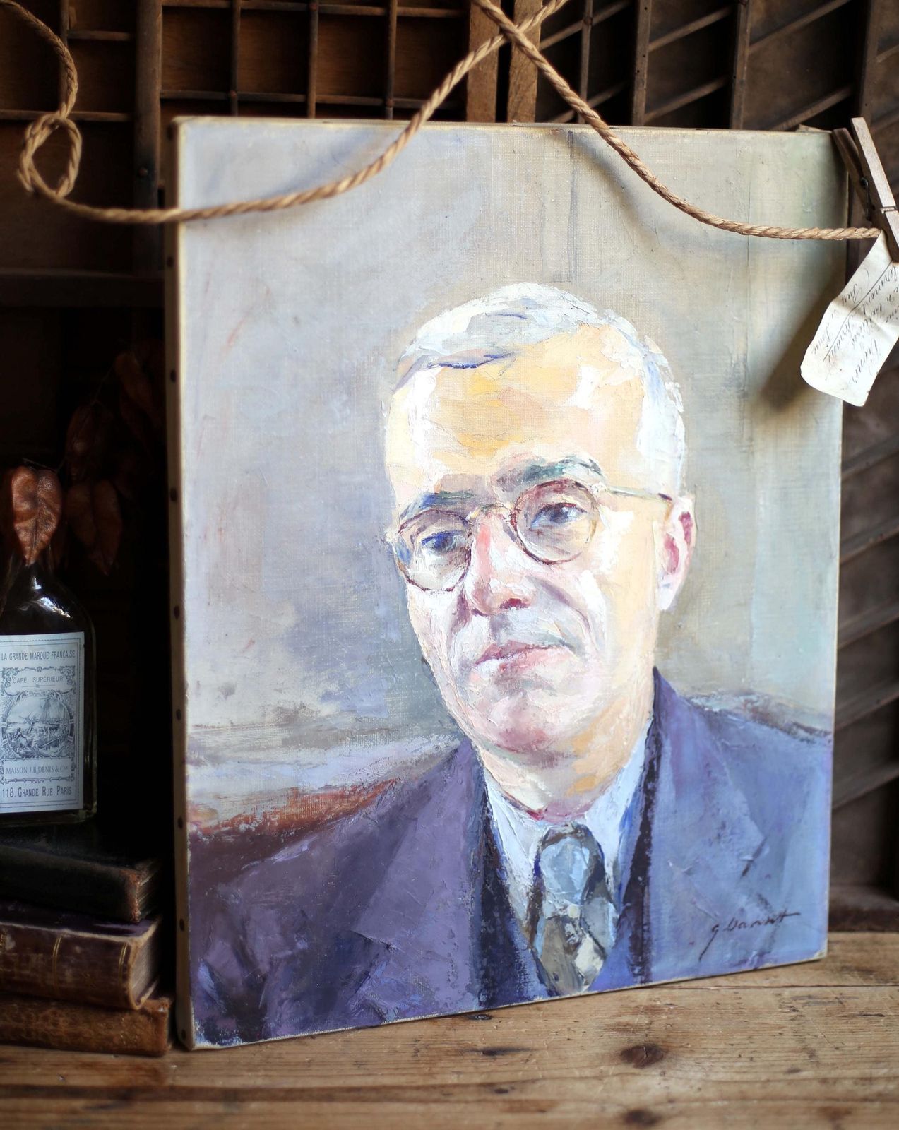 Original Georges Danset Male Portrait Painting French Man Oil On Canvas photo vintage