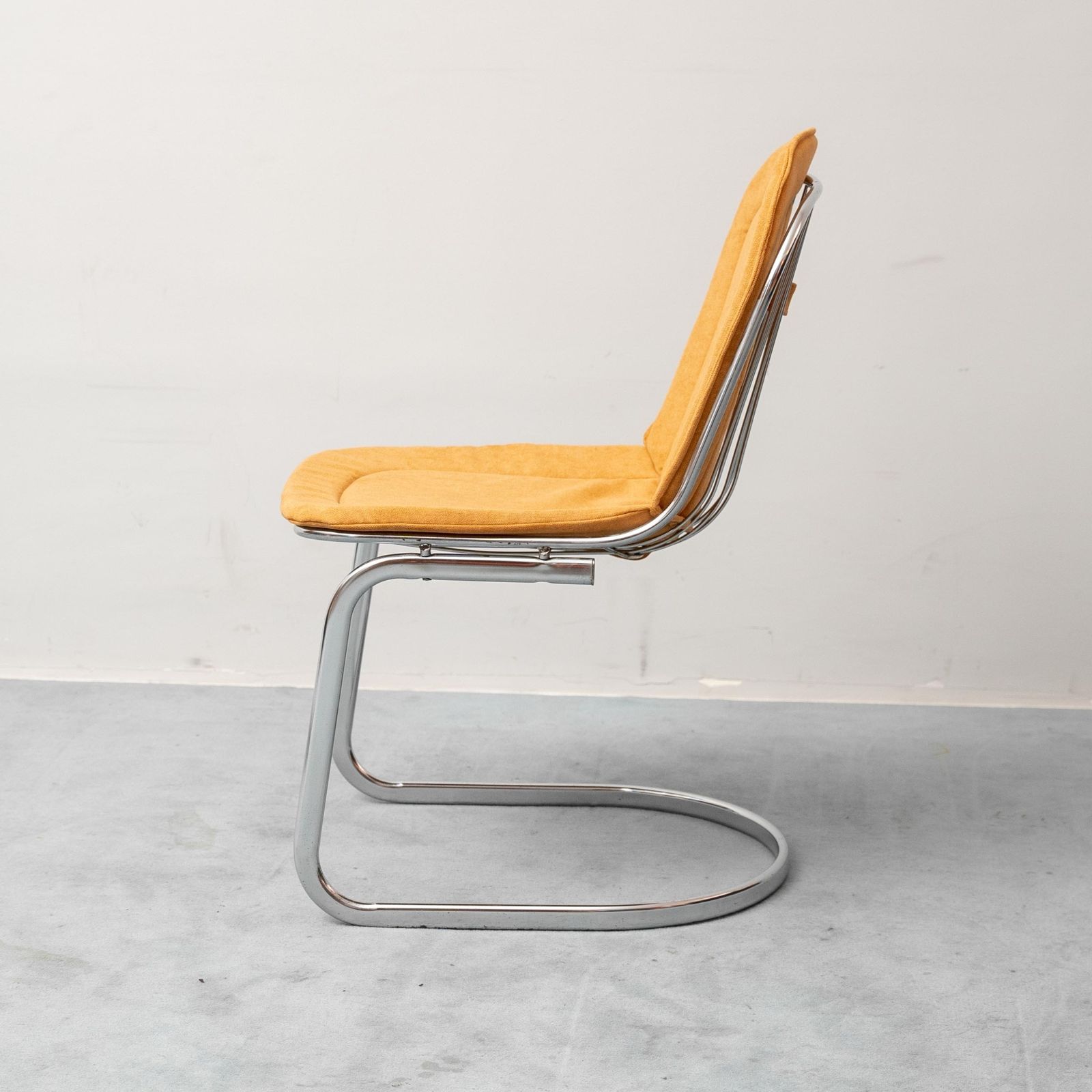 Set Of 4 Vintage Gastone Rinaldi Chairs, Chromed Steel, Yellow Fabric, 1970s Modern Antiques photo for sale