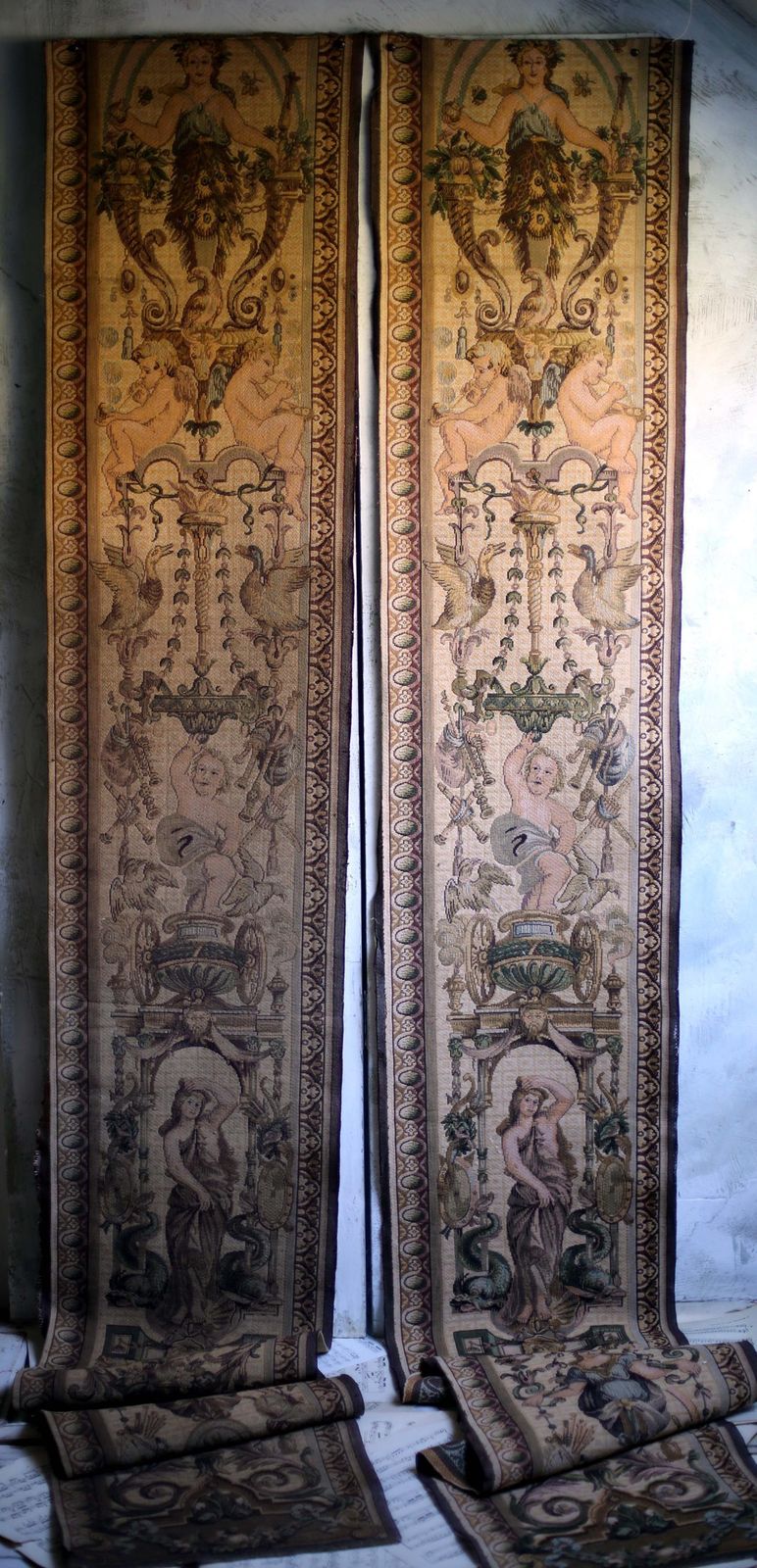 Pair Of Antique Aubusson Tapestry Panels Extra Long Jacquard Lengths Louis Philippe Neo Baroque photo vintage