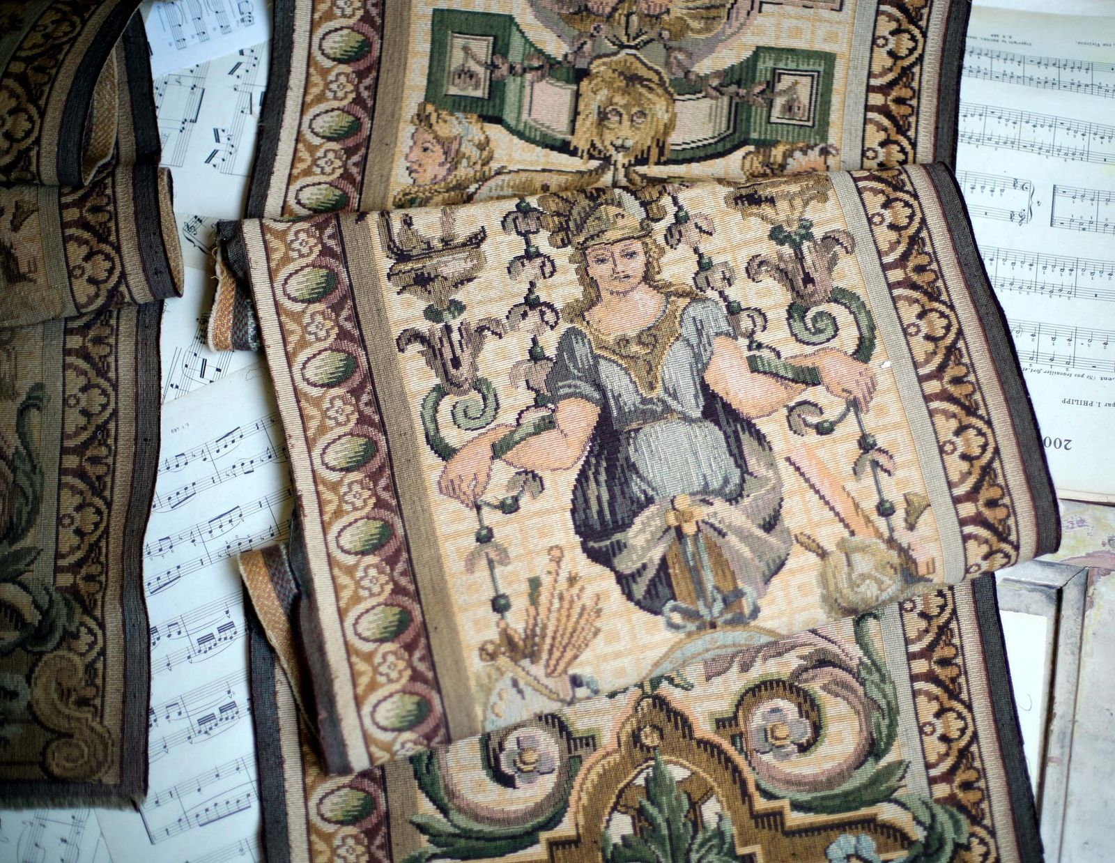 photo furniture Pair Of Antique Aubusson Tapestry Panels Extra Long Jacquard Lengths Louis Philippe Neo Baroque