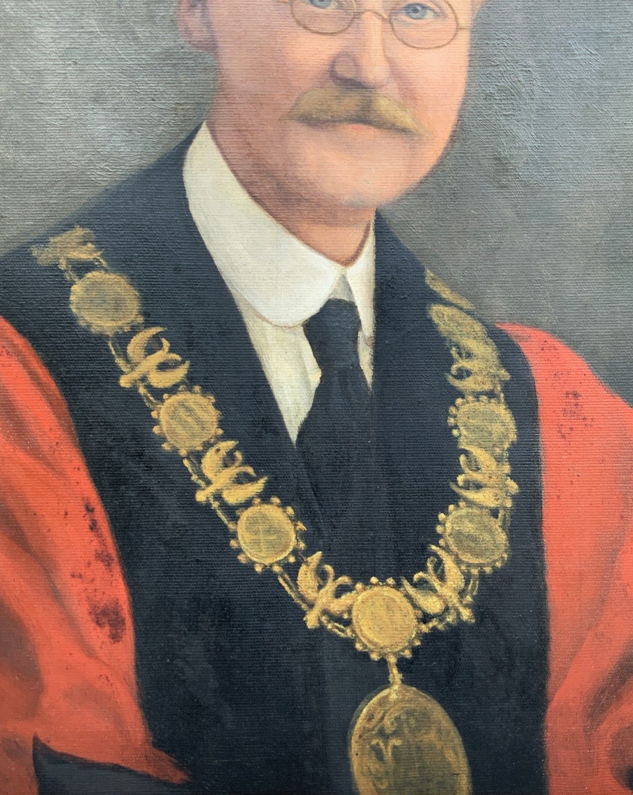 photo for sale Oil Portrait Painting Bespectacled Mayor Mid Century Vintage Antique