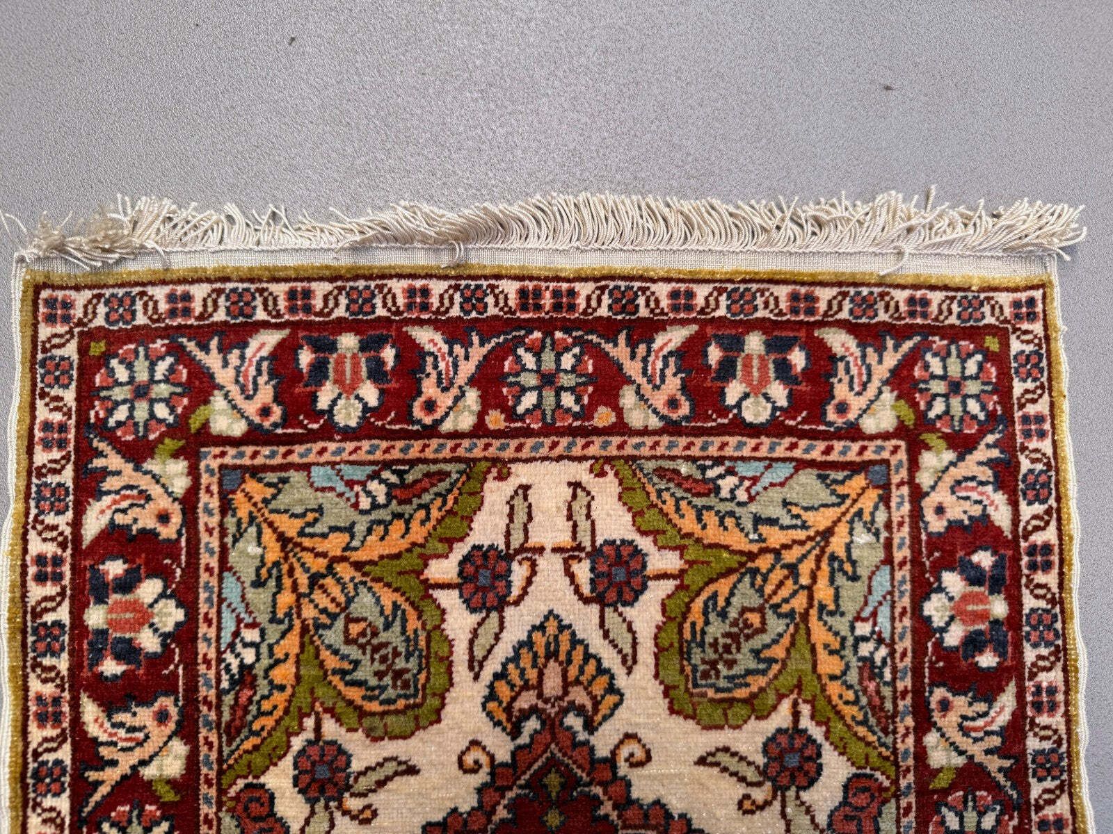 Fijn Turks Hereke zijden tapijt 37x55 cm vintage ivoor bloemen medaillon 2540 photo Textiel