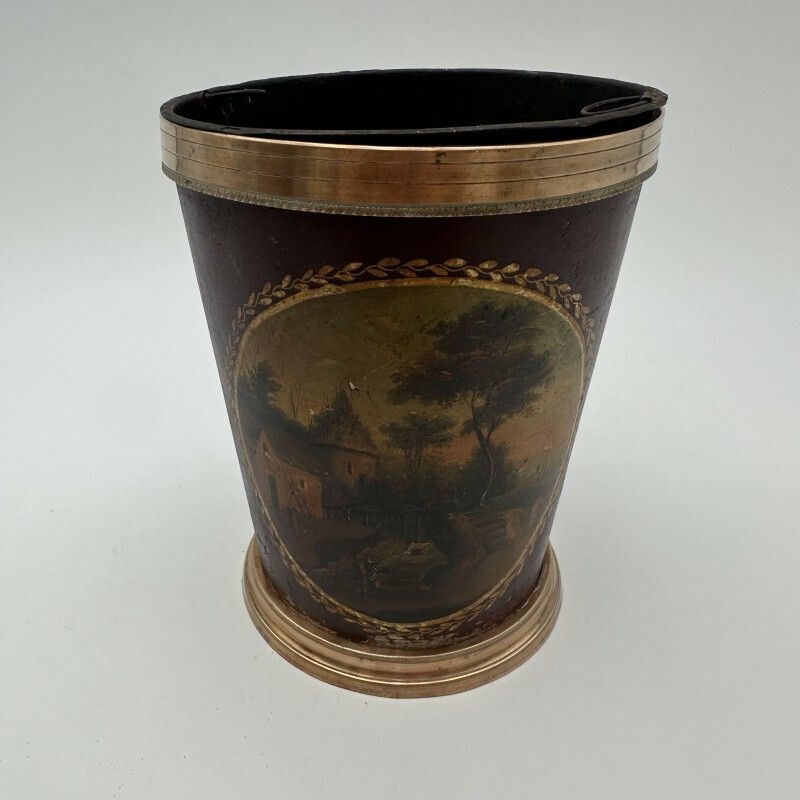 Pair Of Painted Sheet Metal And Brass Flowerpots, Decorated With Bucolic Landscapes, 19th Century. photo 1650.0