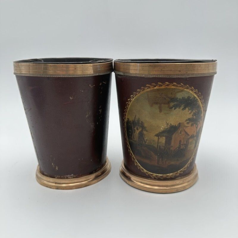 Pair Of Painted Sheet Metal And Brass Flowerpots, Decorated With Bucolic Landscapes, 19th Century. photo vinterior