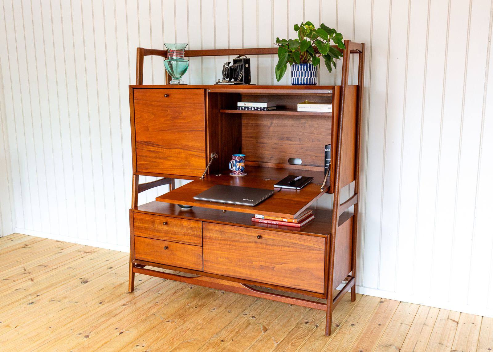 Teak Double Sideboard Danish Mid Century Style Desk Display Stand Media Unit Mcm Cabinet Tiered Hutch Double Decker Hans Wegner Credenza photo furniture