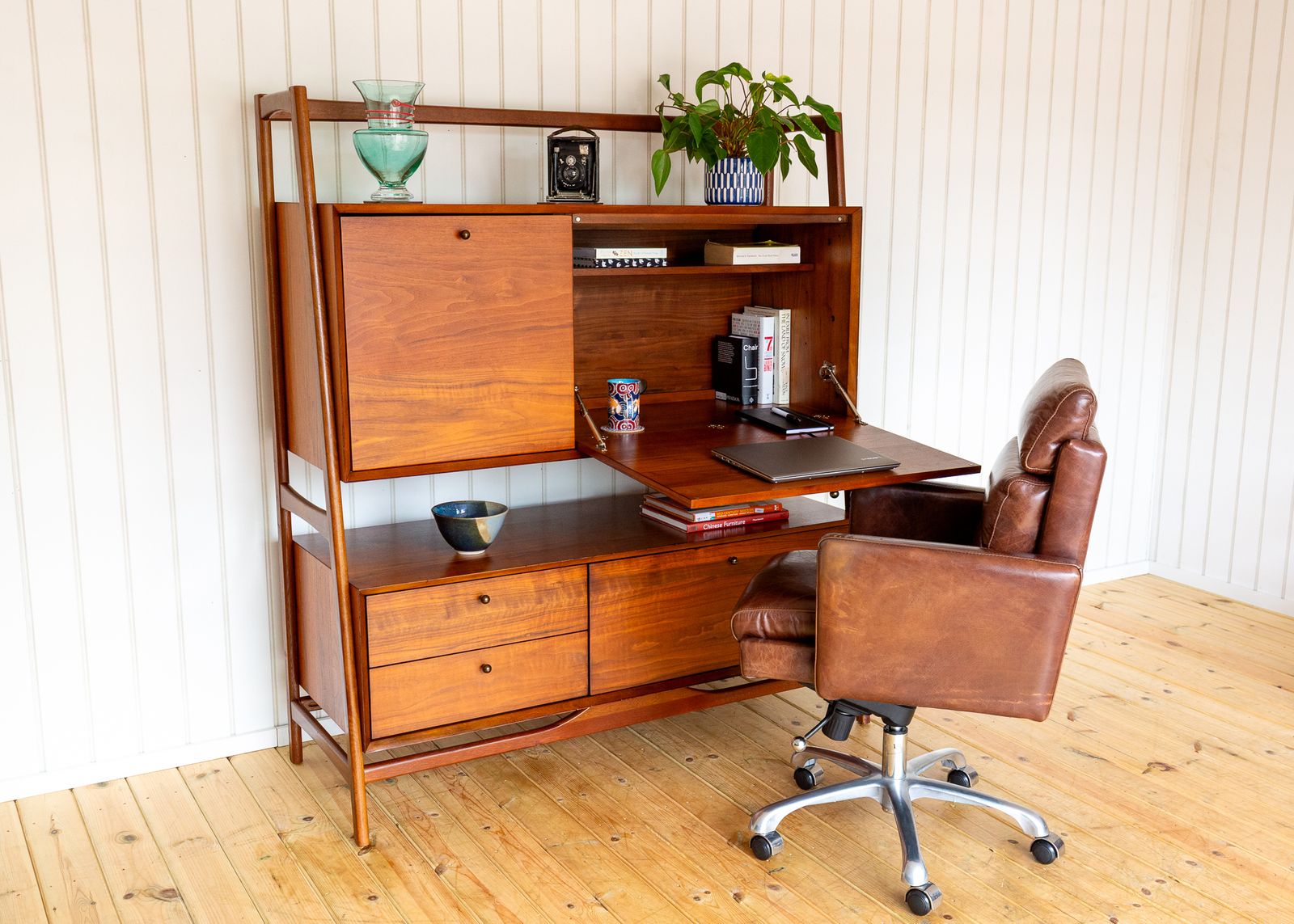 Teak Double Sideboard Danish Mid Century Style Desk Display Stand Media Unit Mcm Cabinet Tiered Hutch Double Decker Hans Wegner Credenza photo vintage
