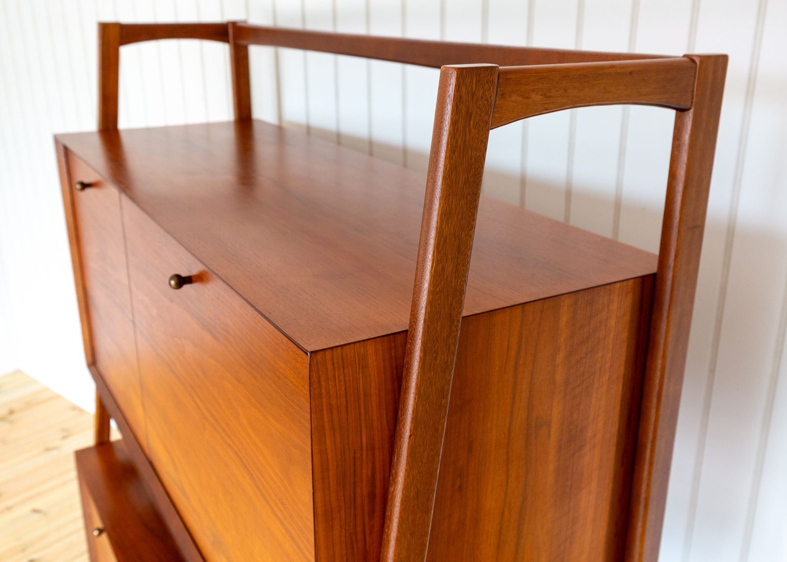 Teak Double Sideboard Danish Mid Century Style Desk Display Stand Media Unit Mcm Cabinet Tiered Hutch Double Decker Hans Wegner Credenza photo for sale