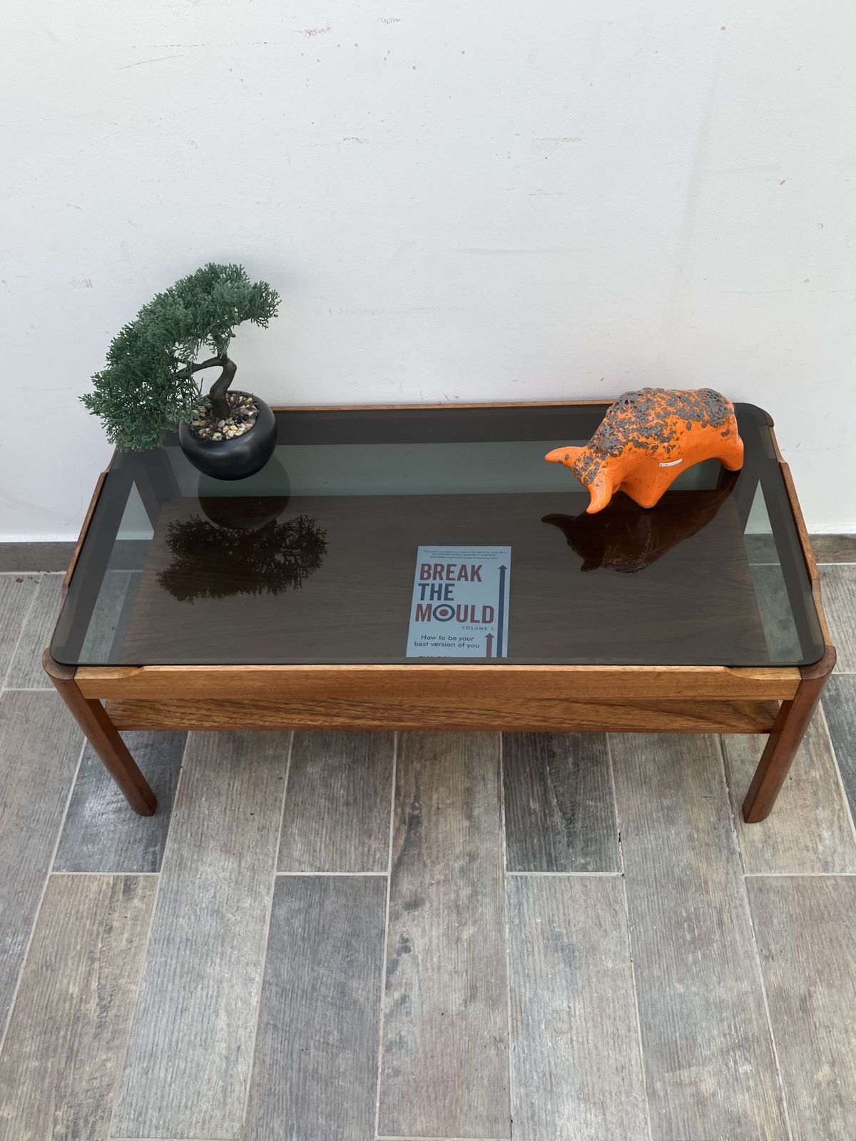 Myer Smoked Glass Teak Floating Coffee Table photo for sale