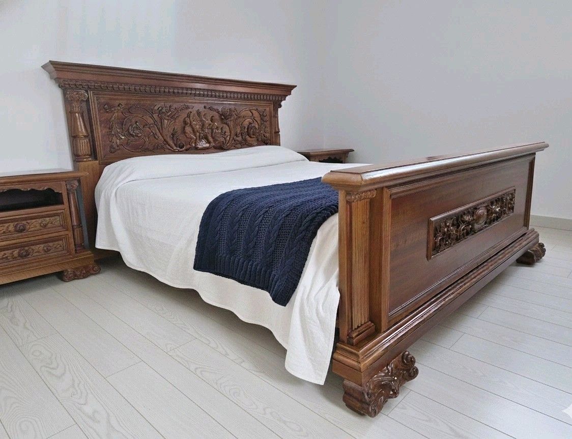 Antique Renaissance King Size Bed And Pair Of Nightstands Carved Wood Angels photo furniture