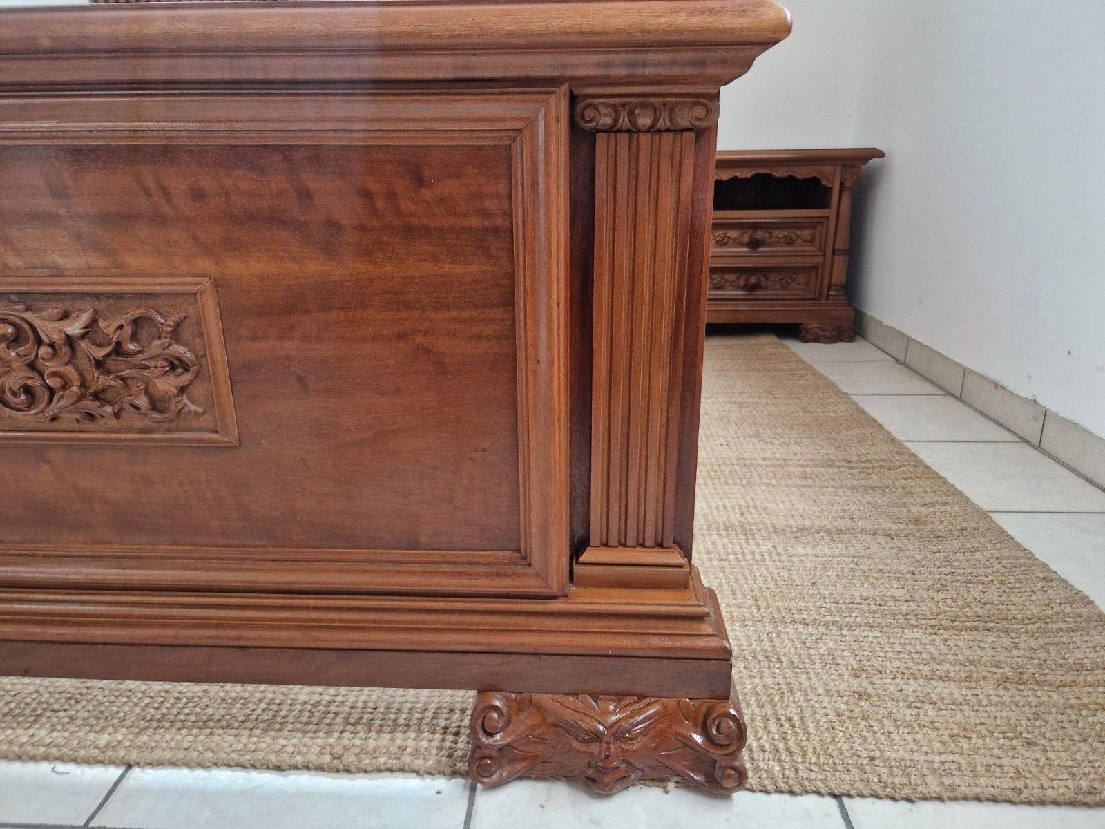 Furniture Antique Renaissance King Size Bed And Pair Of Nightstands Carved Wood Angels photo