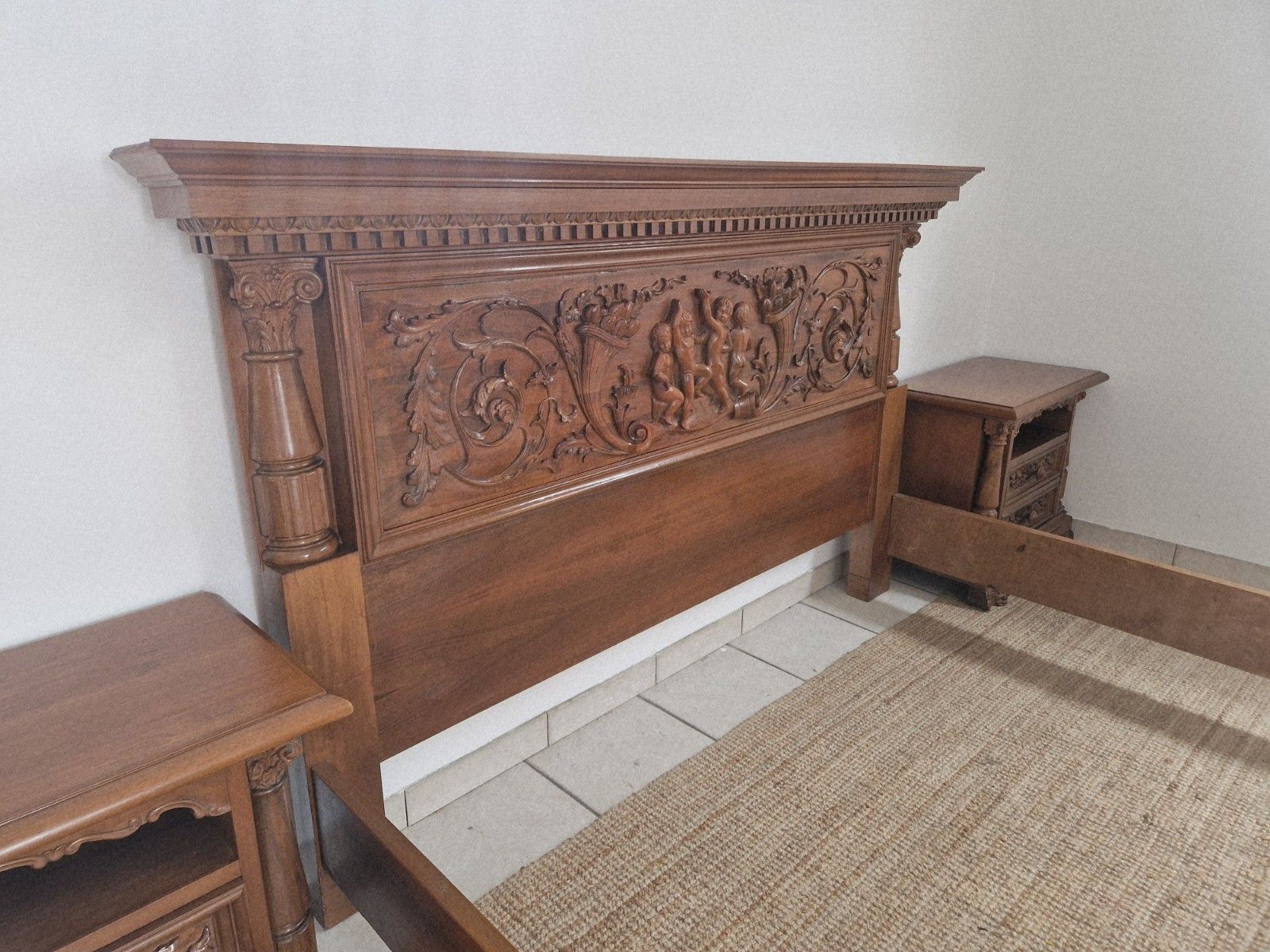 photo buy Antique Renaissance King Size Bed And Pair Of Nightstands Carved Wood Angels