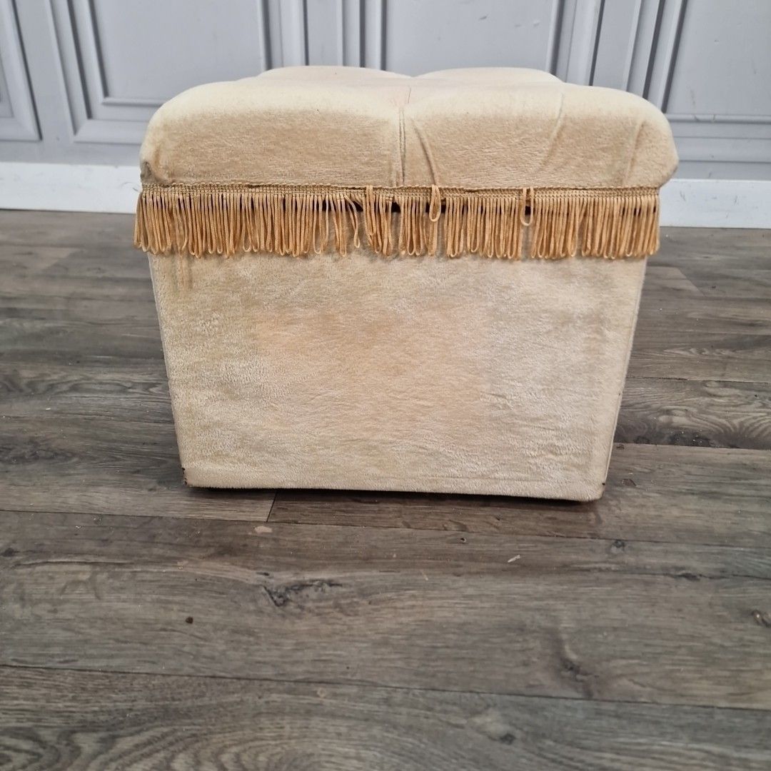 60.0 Vintage Storage Ottoman Upholstered Blanket Box Tufted Seat Fringe Trim Upcycle photo