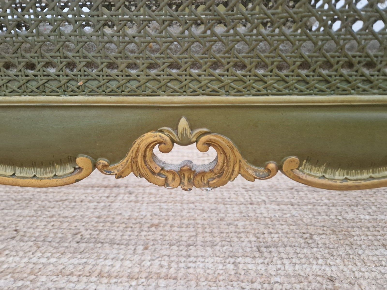 Antique French Cane Bed King Size Louis XV Green Lacquer Gold Accents photo for sale