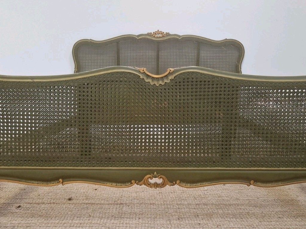 Antique French Cane Bed King Size Louis XV Green Lacquer Gold Accents photo vinterior