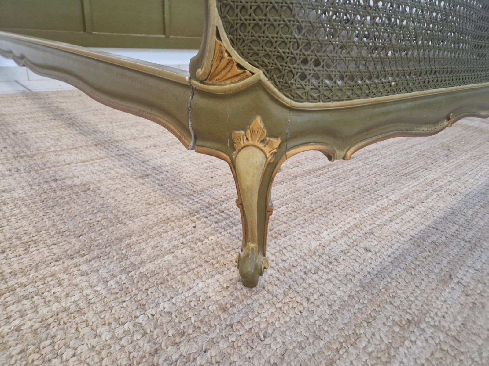 Antique French Cane Bed King Size Louis XV Green Lacquer Gold Accents photo vintage