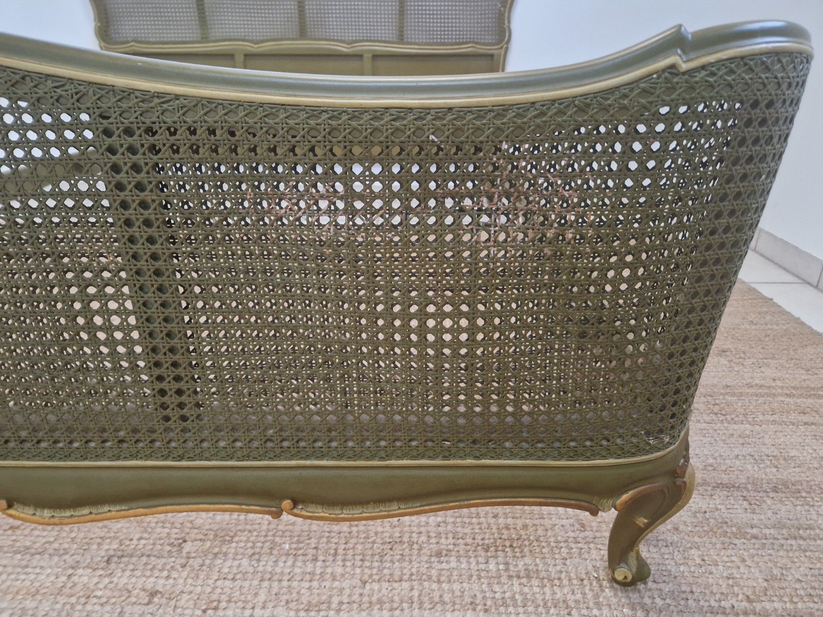 1400.0 Antique French Cane Bed King Size Louis XV Green Lacquer Gold Accents photo