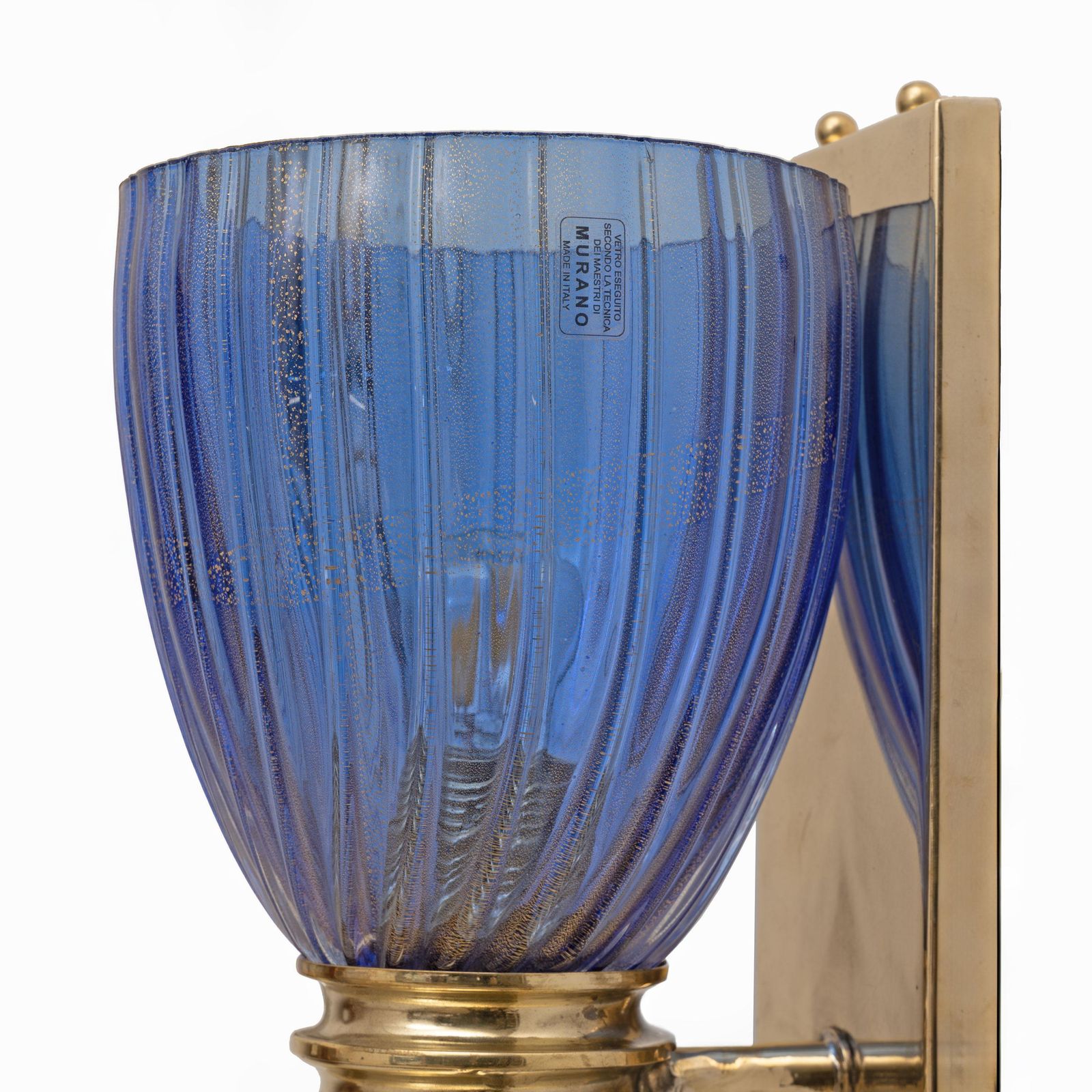 Pair Of Murano Glass Blue Wall Sconces With Gold Dust Inclusions photo vinterior