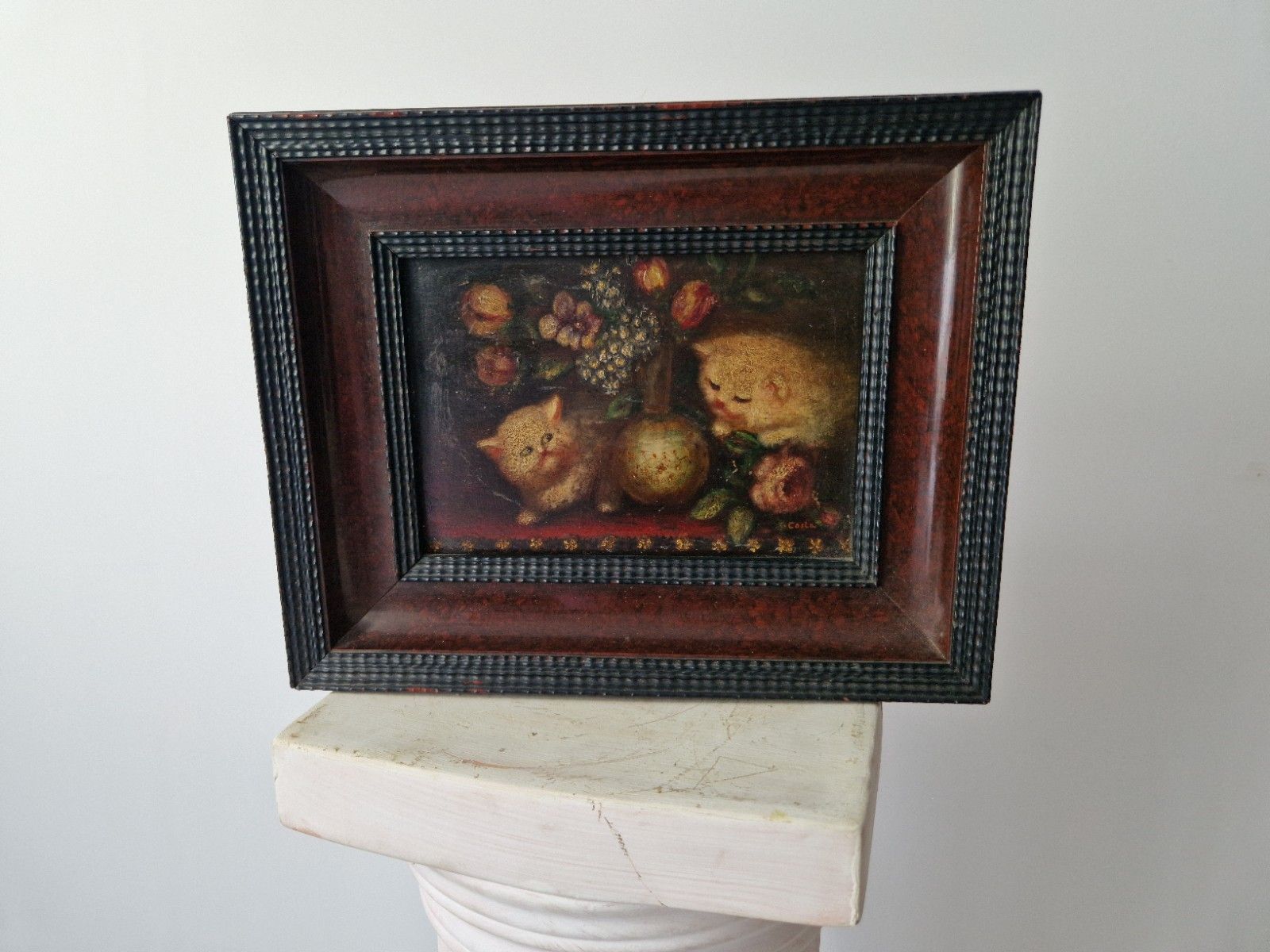 photo vinterior Antique Oil Painting Kittens 19th Century Signed Costa