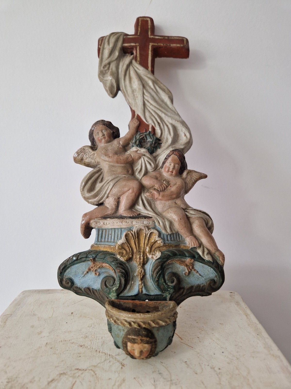Antique Religious Holy Water Font Bénitier Putti Angels Cross Polychrome Carved