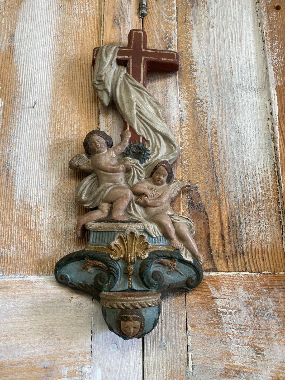 Antique Religious Holy Water Font Bénitier Putti Angels Cross Polychrome Carved photo buy