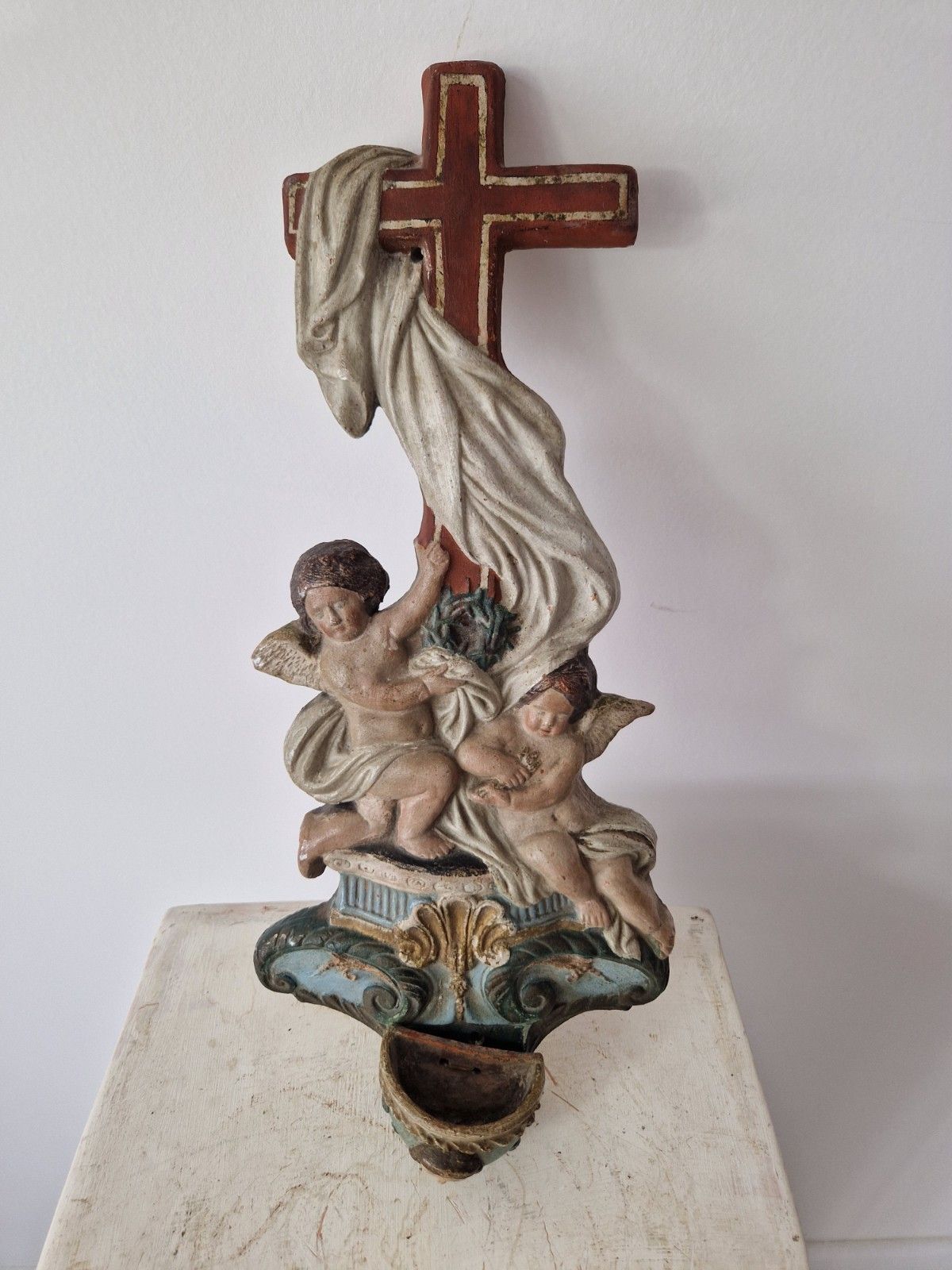 photo furniture Antique Religious Holy Water Font Bénitier Putti Angels Cross Polychrome Carved