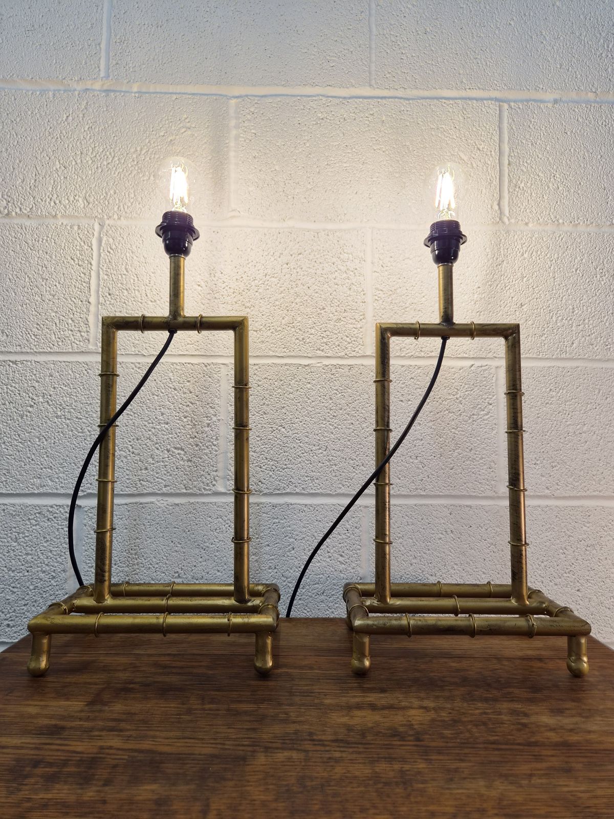 Original Mid Century Pair Of Large Gilt Metal Bamboo Table Lamps Rewired photo vinterior