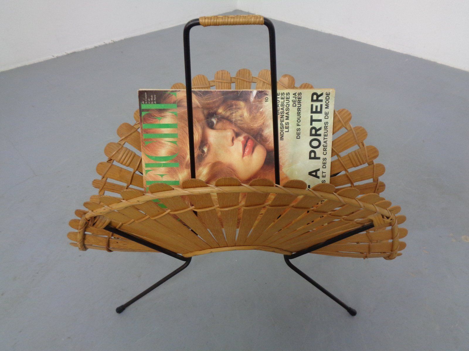 Italian Wicker And Iron Magazine Rack, 1960s photo Home Decor