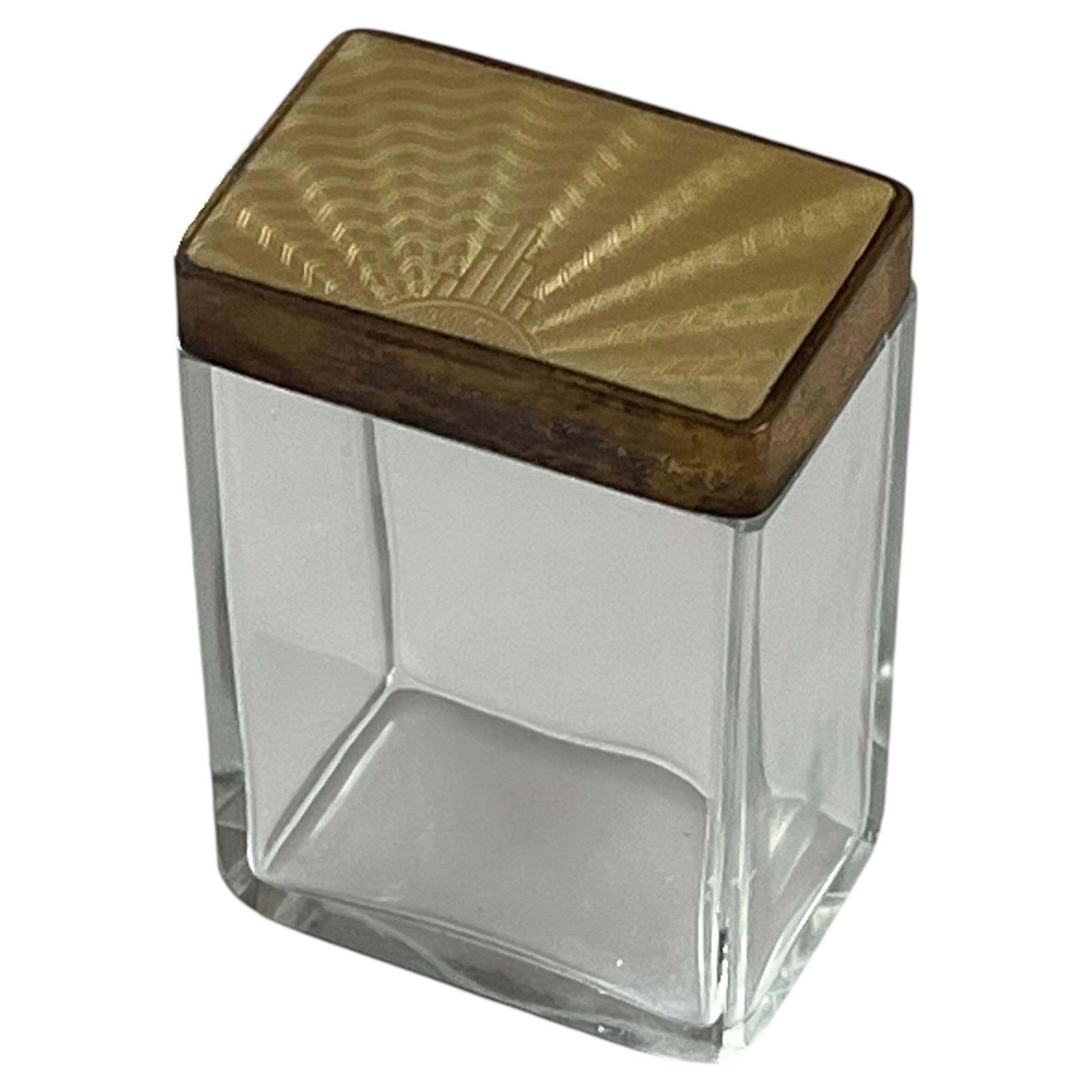 Art Deco glazen toiletpotje met goudkleurig guilloche emaille deksel, ca. jaren 1920