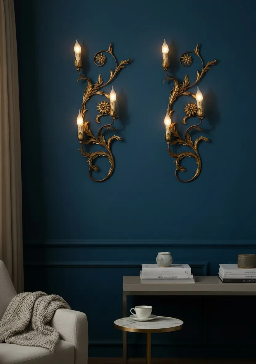 Large Italian Florentine Tole Wall Sconces In Gilt Metal, Set Of 2, 1950s photo for sale