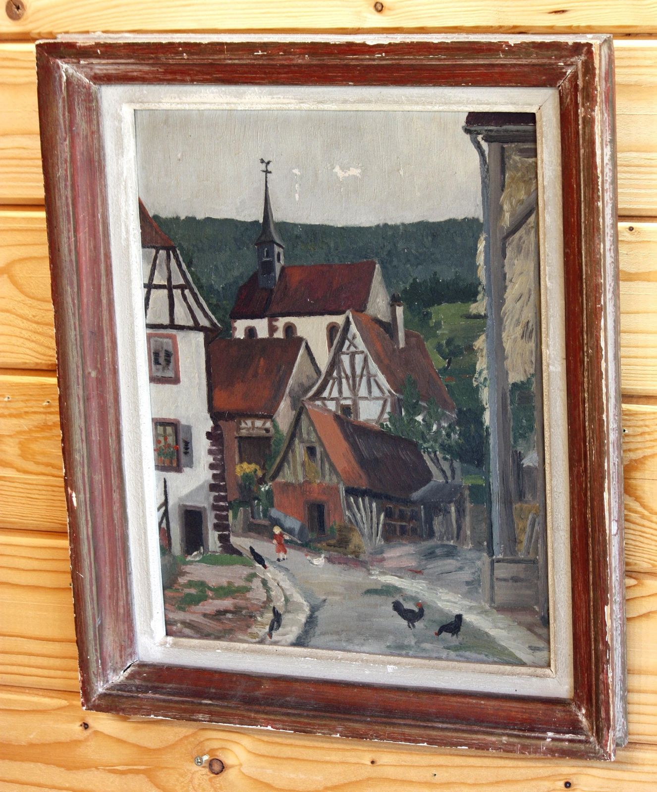 Vintage French Painting   43cm Alsace Townscape Wall Hanging Off The Wall Clocks photo furniture