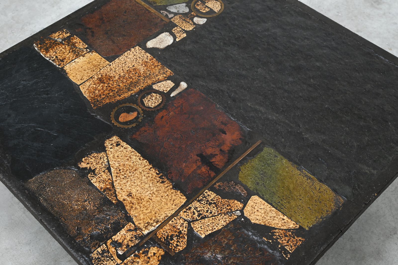 Paul Kingma Slate, Stone, And Brass Inlaid Coffee Table, 1970's photo Furniture