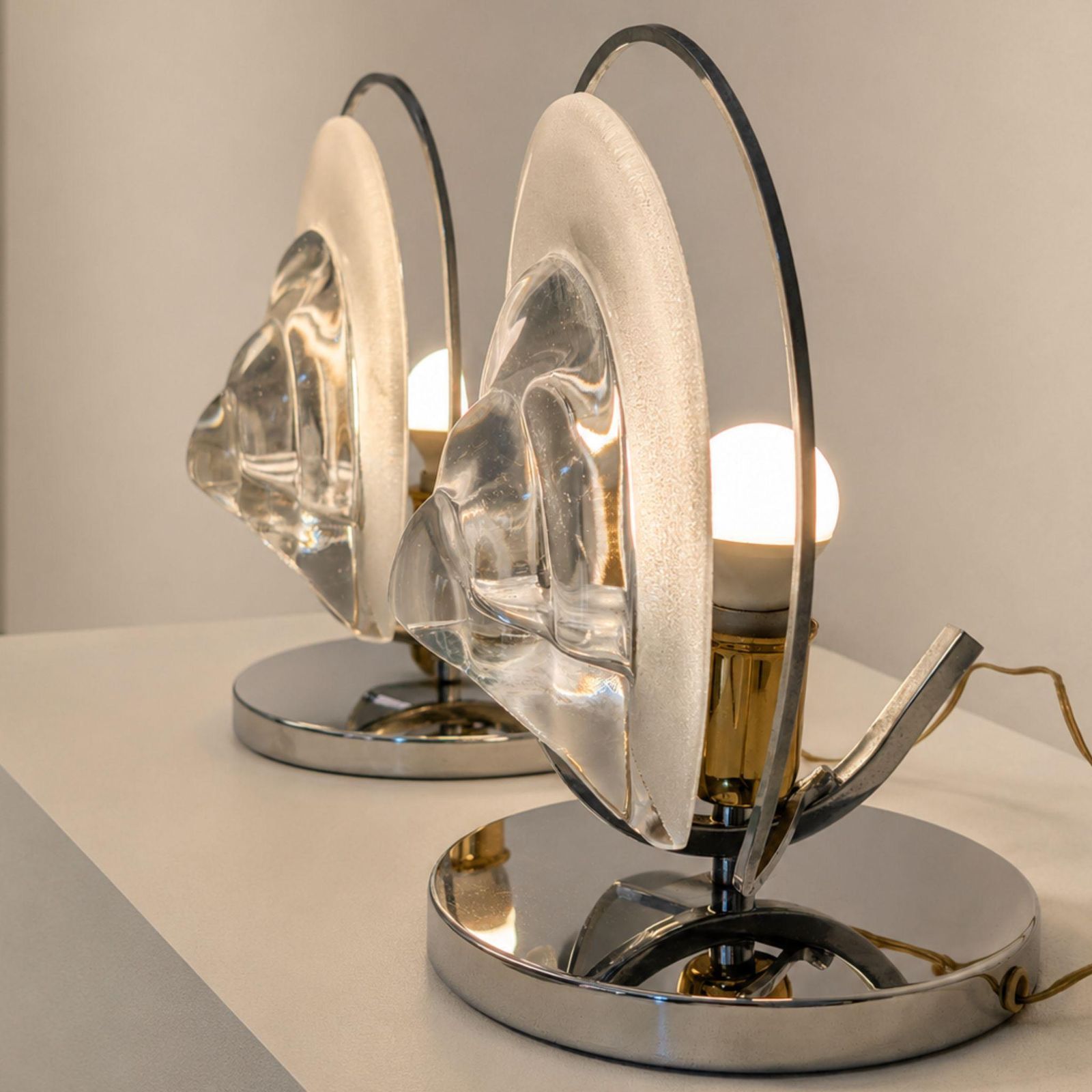 Pair Of 1970s Italian Mazzega Style Chrome And Murano Glass Table Lamps photo vinterior