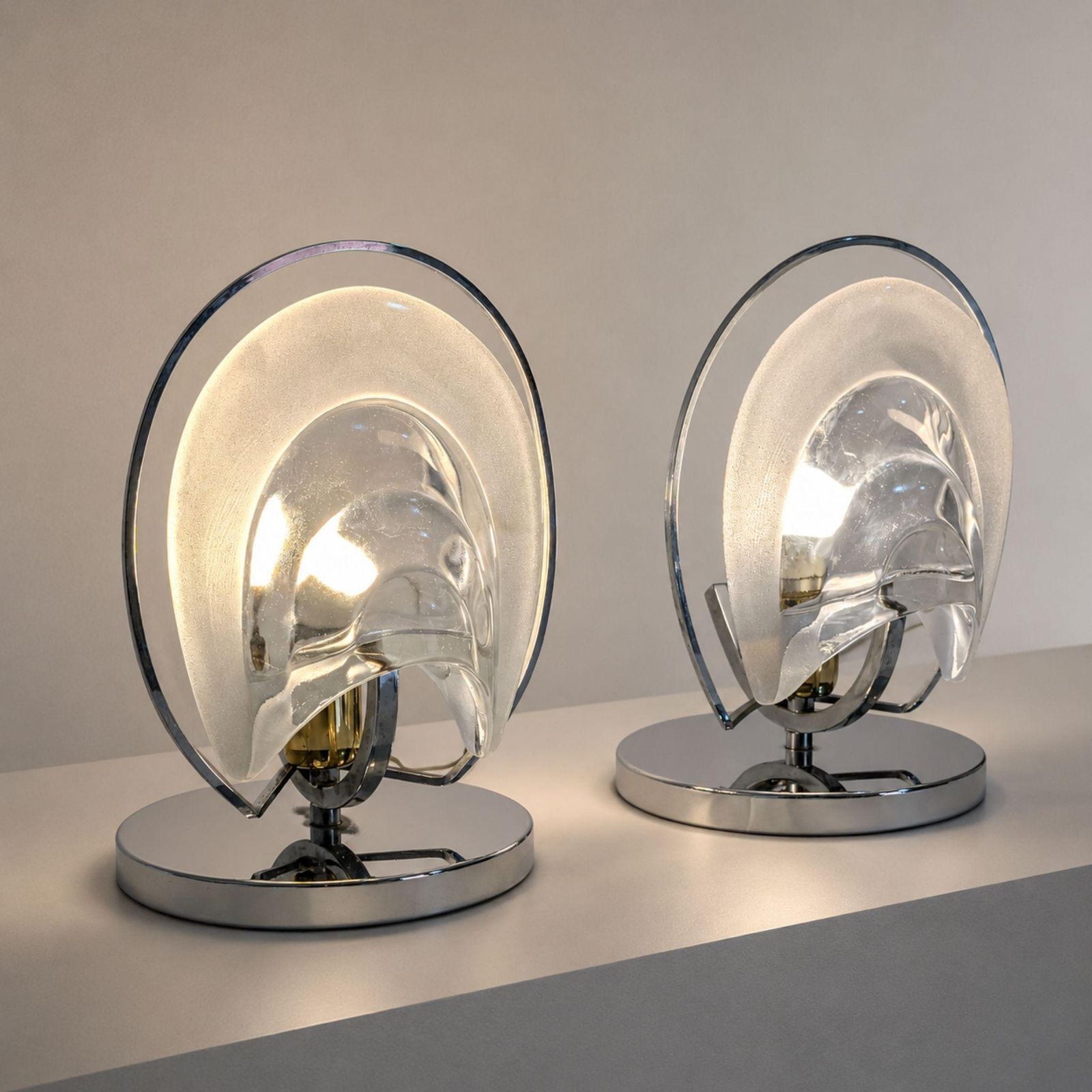 Pair Of 1970s Italian Mazzega Style Chrome And Murano Glass Table Lamps photo buy