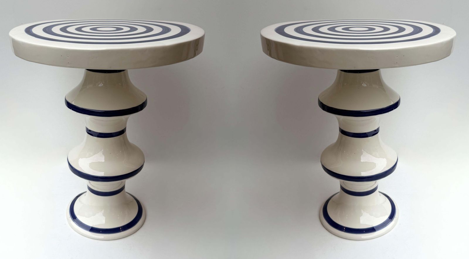 Contemporary Pair Of Blue And White Ceramic Stripe Side Tables. Italy photo furniture