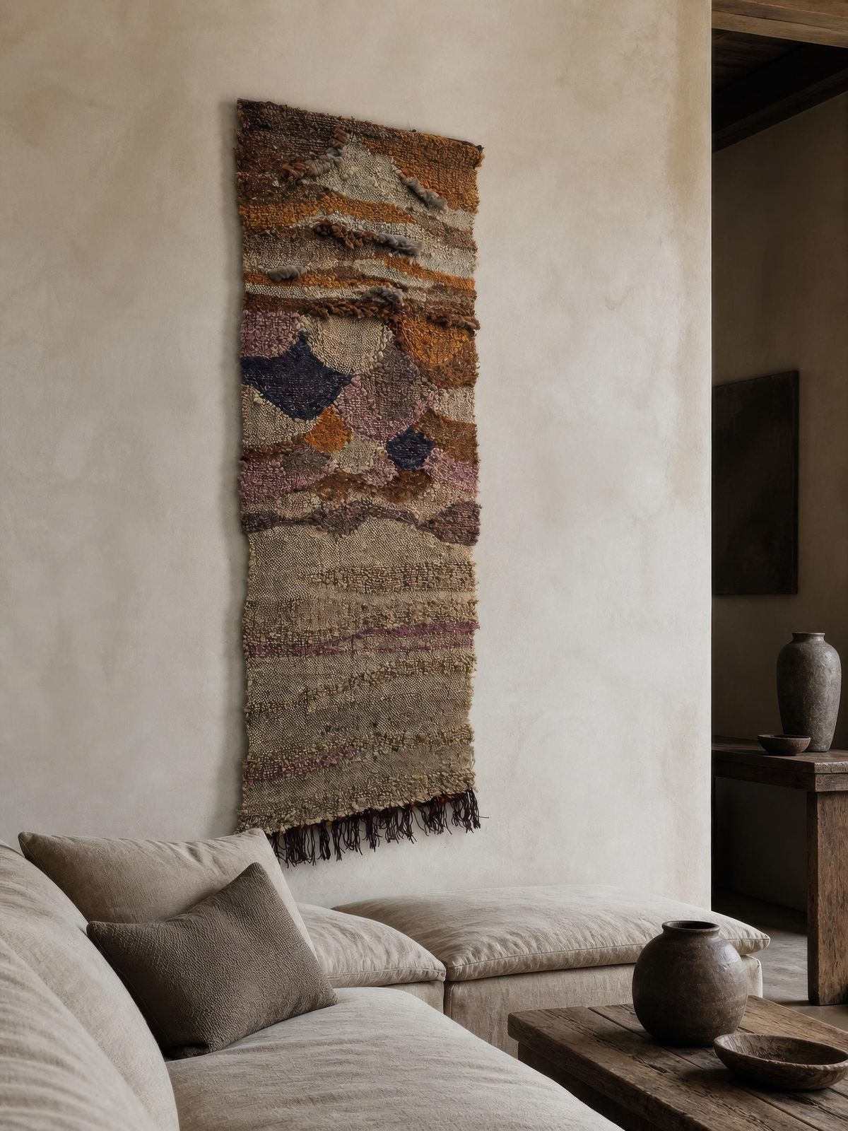 Large 1970s Handwoven Wool Fiber Art Wall Hanging, Sculptural Brutalist Textile photo furniture