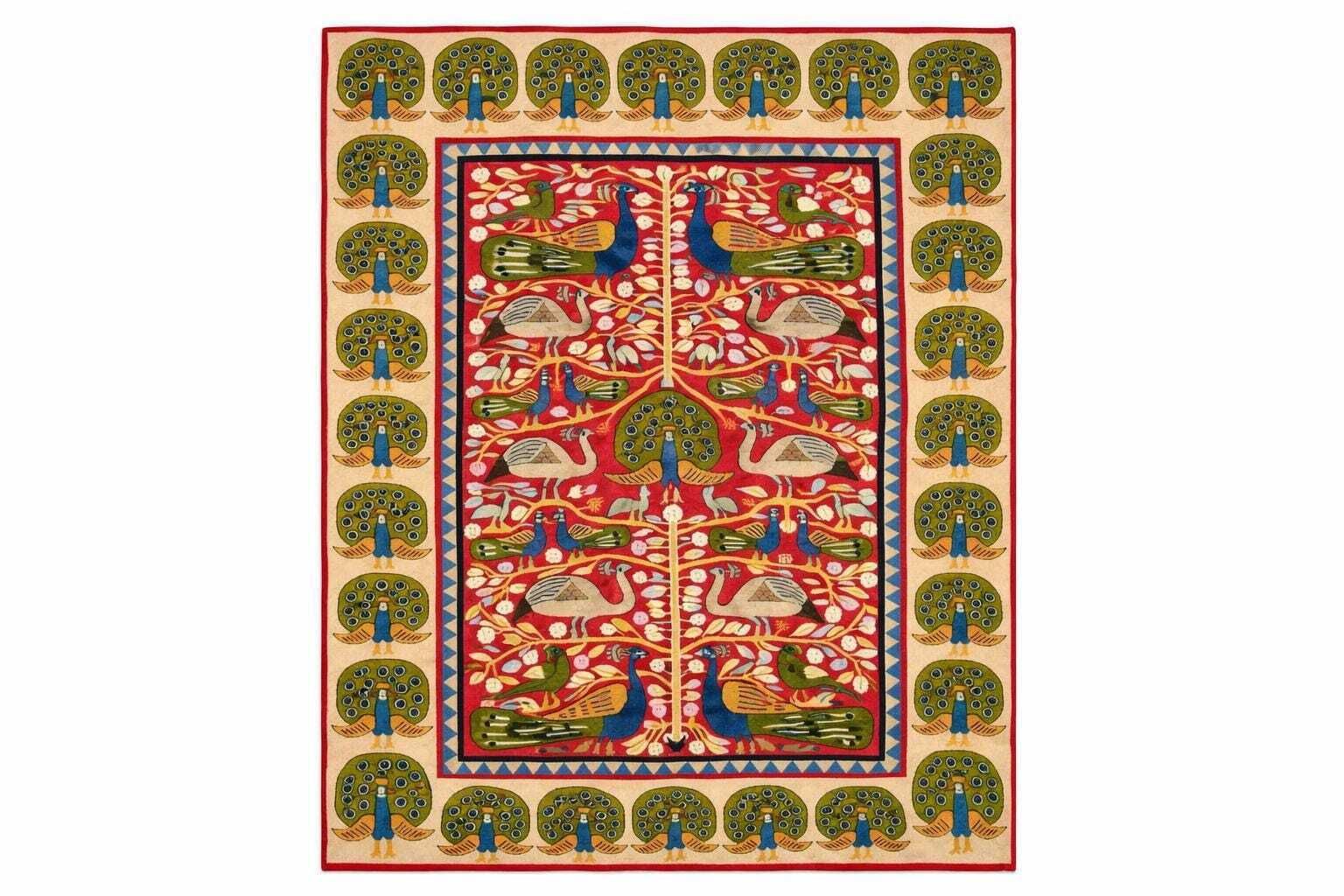 Handmade New Zealand Wool Tufted Rug: Peacock Birds Design. Large Maximalist Area Rug Floor
