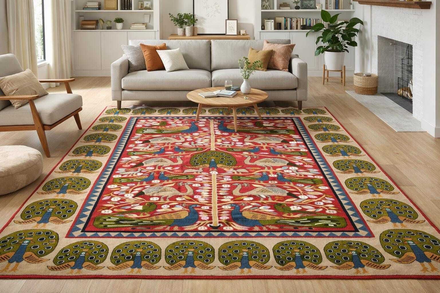Handmade New Zealand Wool Tufted Rug: Peacock Birds Design. Large Maximalist Area Rug Floor photo furniture