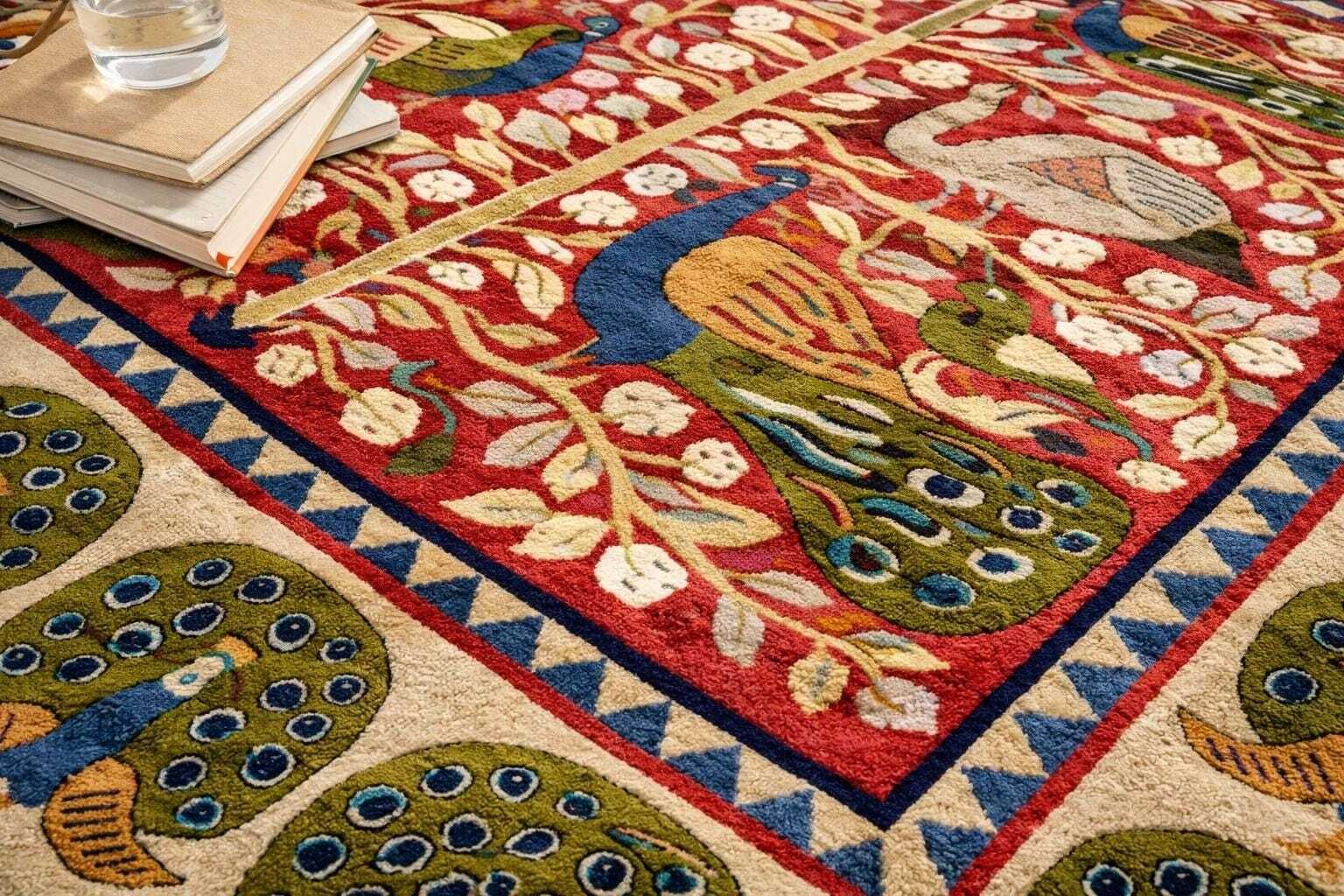 Handmade New Zealand Wool Tufted Rug: Peacock Birds Design. Large Maximalist Area Rug Floor photo for sale