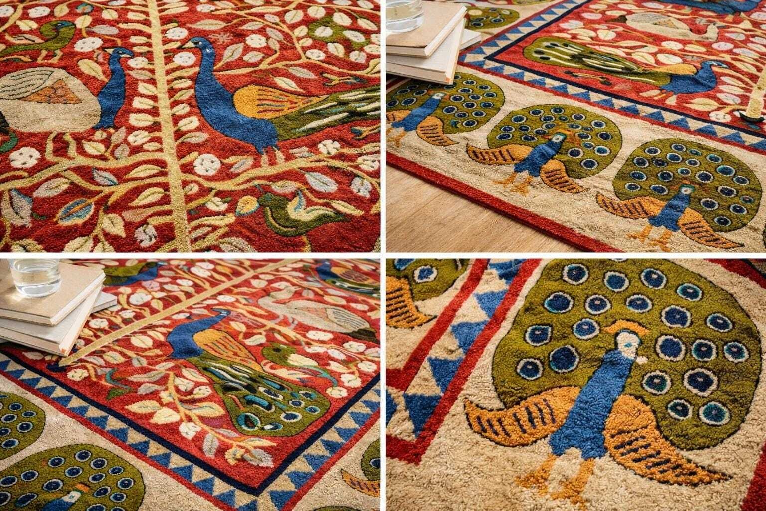 Handmade New Zealand Wool Tufted Rug: Peacock Birds Design. Large Maximalist Area Rug Floor photo Textiles
