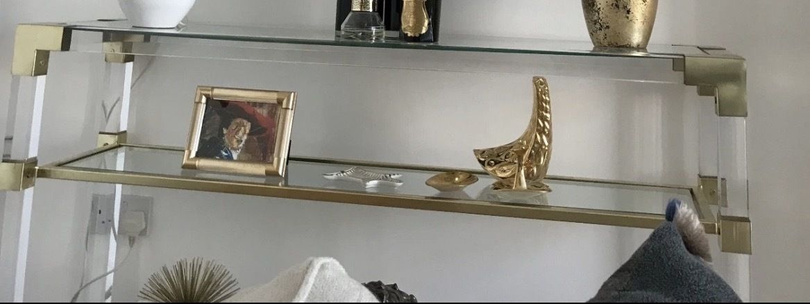 Midcentury Andrew Martin Lucite, Brass & Glass Side Table Three Glass Shelves Stunning Design photo furniture
