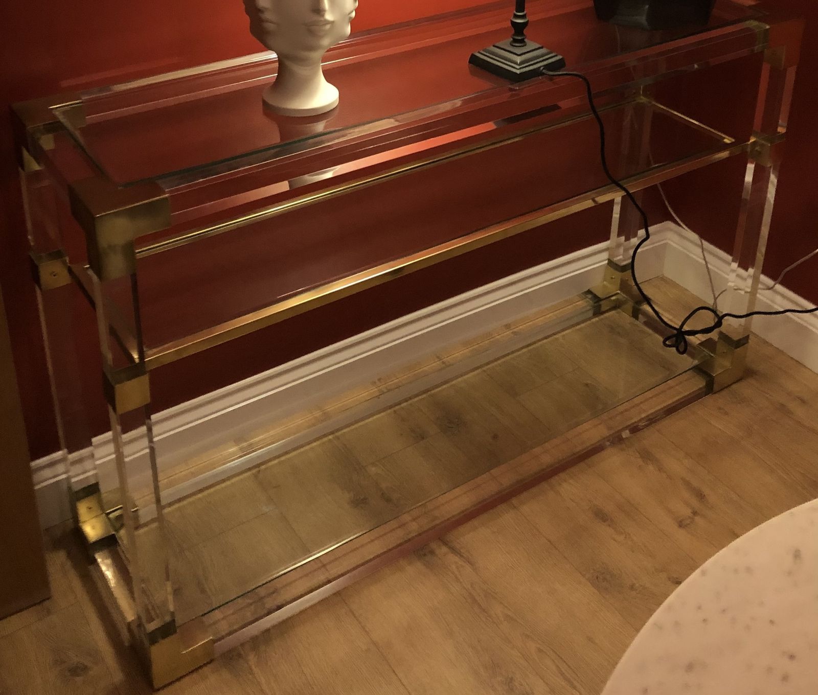 Midcentury Andrew Martin Lucite, Brass & Glass Side Table Three Glass Shelves Stunning Design photo 660.0