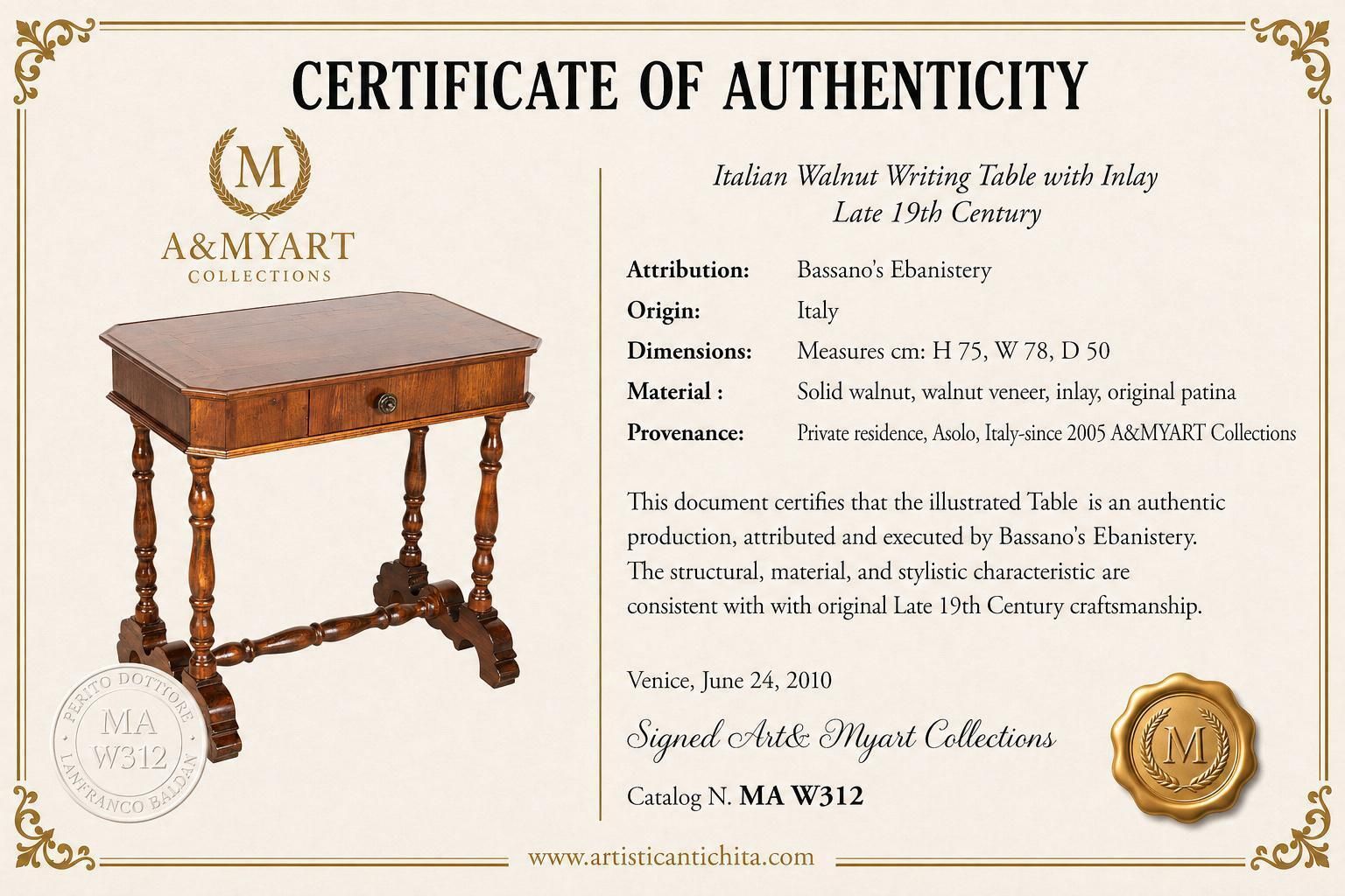 Italiaanse walnoten schrijftafel, 19e eeuw, met inlegwerk, lade en provenance uit Asolo photo 3428.0