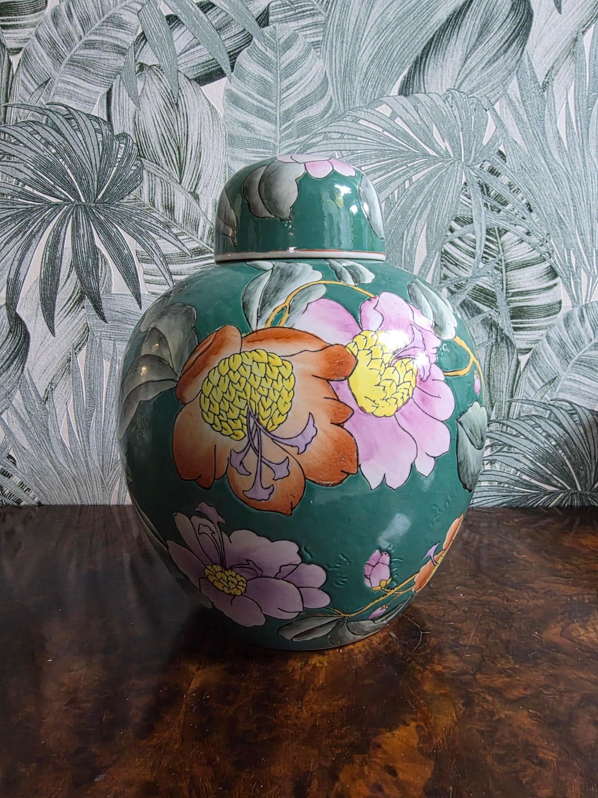 Chinese Porcelain Decorative Green Lidded Vase With Flowers 1960s photo furniture