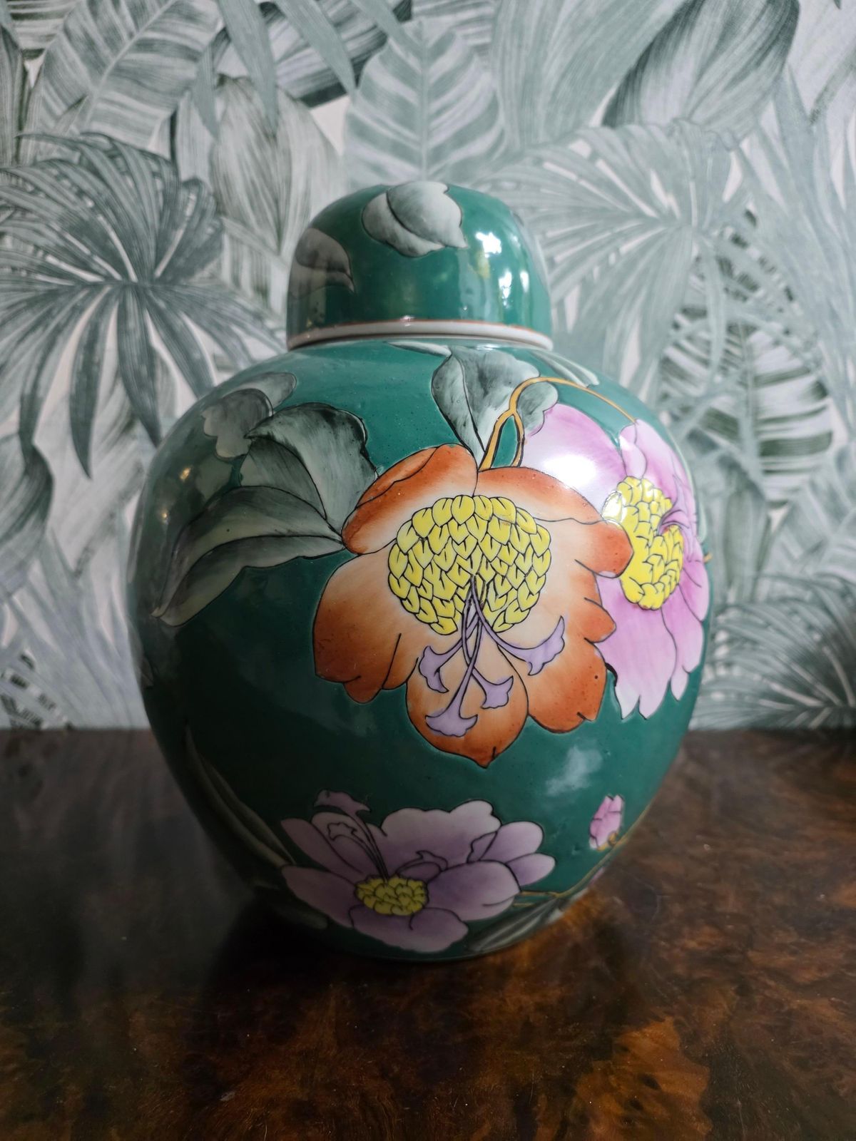 Chinese Porcelain Decorative Green Lidded Vase With Flowers 1960s photo Home Decor