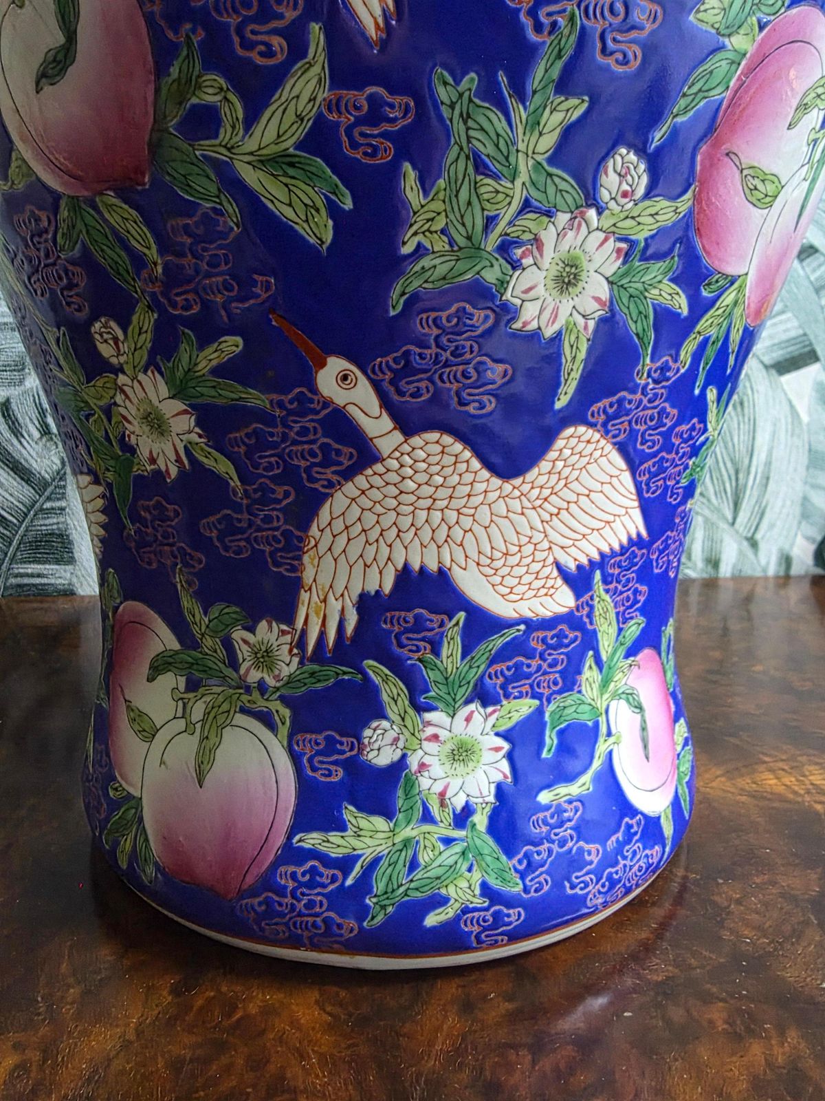 Large Blue Decorative Vase With Flowers And Storks China 1950s photo vinterior