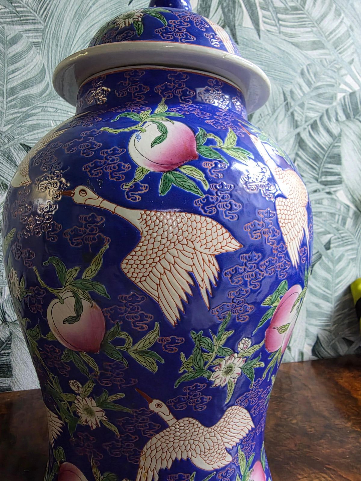 Large Blue Decorative Vase With Flowers And Storks China 1950s photo buy