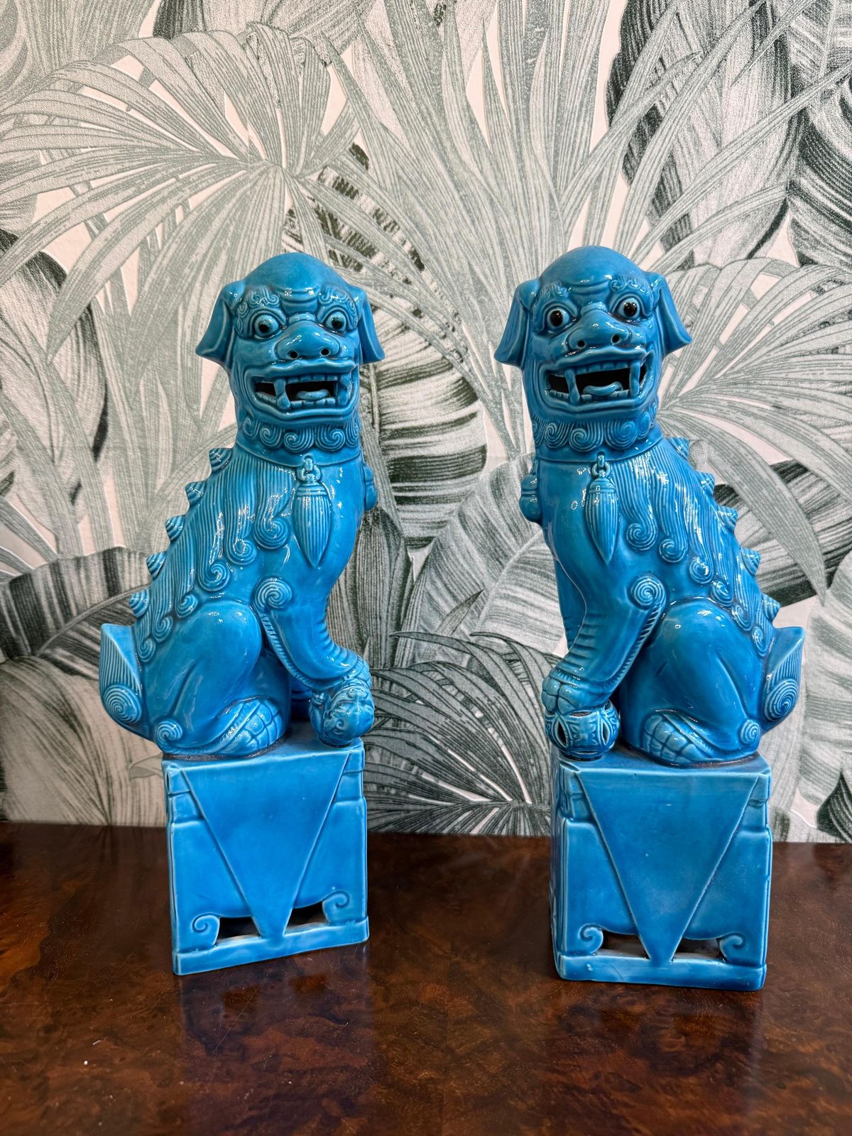 Pair Of Chinese Porcelain Sculptures Fo Dogs Mid Century Turquoise Color photo furniture
