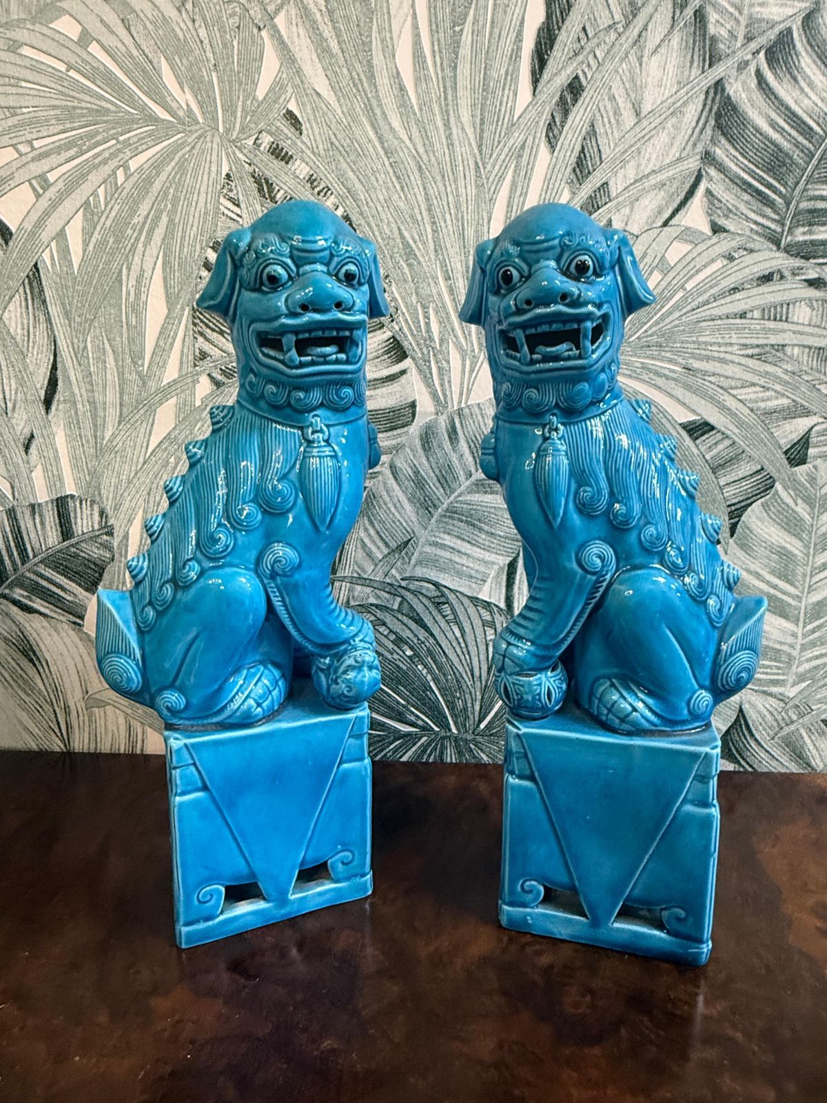 Pair Of Chinese Porcelain Sculptures Fo Dogs Mid Century Turquoise Color photo vintage