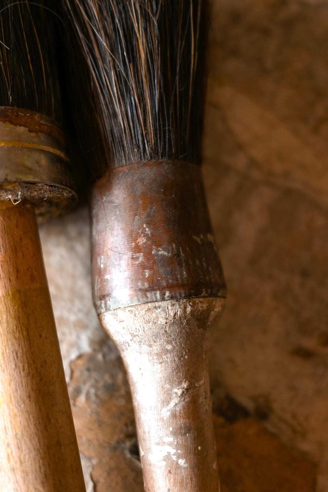 Pair Of Antique Italian Lime Wash Brushes | Natural Bristle | Wooden Handle | Studio Decor | Wall Art Tool | 38 & 34cm photo Home Decor